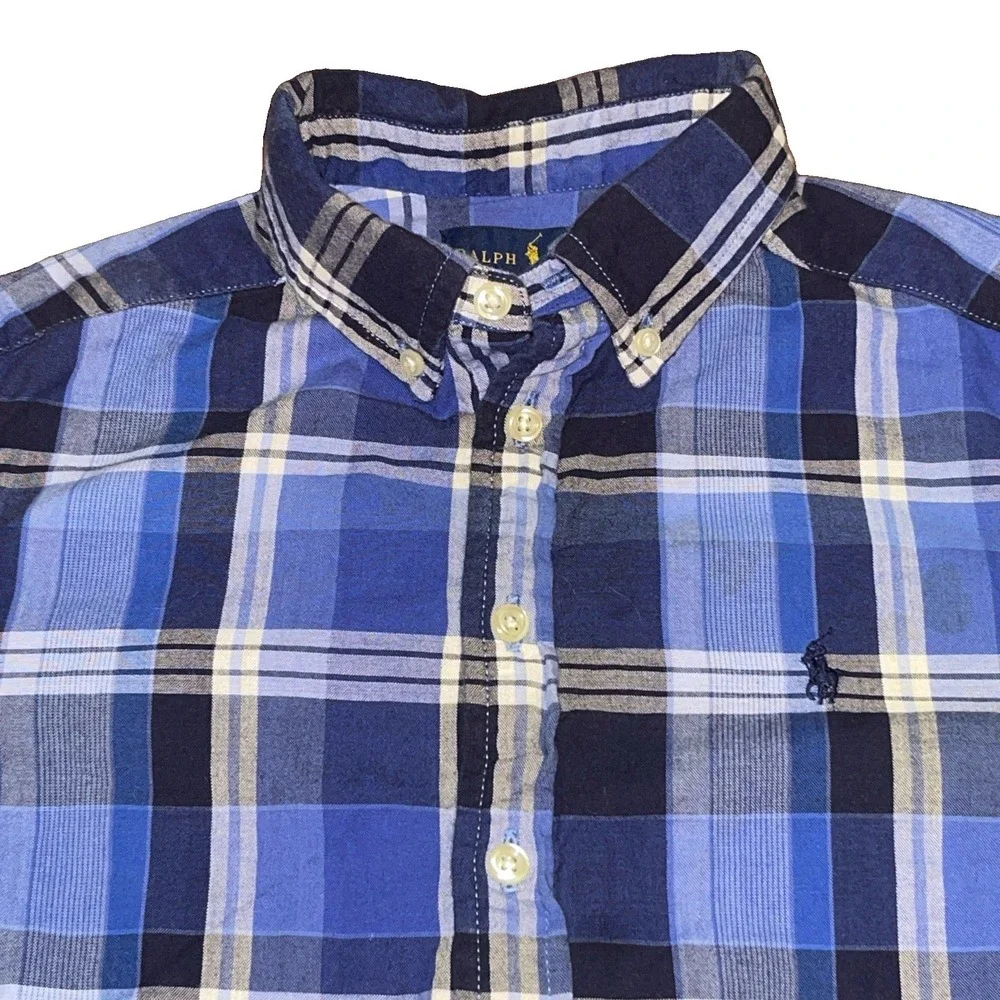 Boys Ralph Lauren Blue Plaid Button Down Shirt Long Sleeve 10-12 Preppy